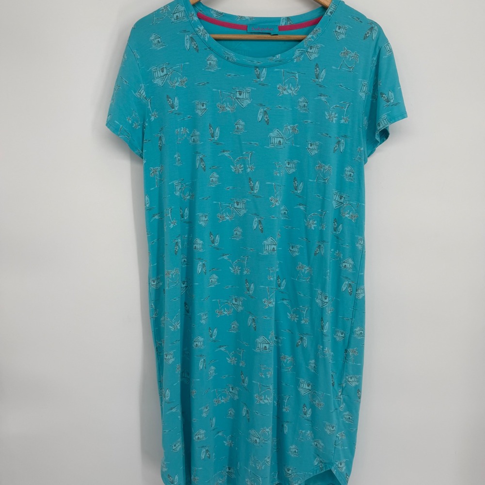 Fresh Produce Dress Women Turquoise Tropical Beach Print T-Shirt Size LG USA